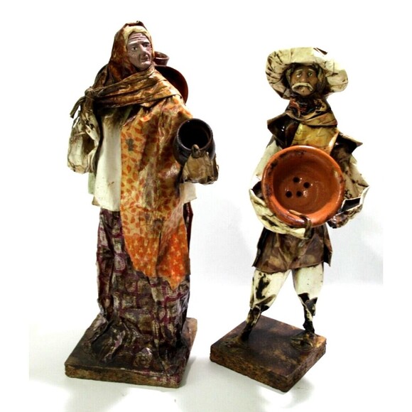 Mexican Folk Art Hand Made Paper Mache Figures Old Man Women Villagers Lot 2 Vtg